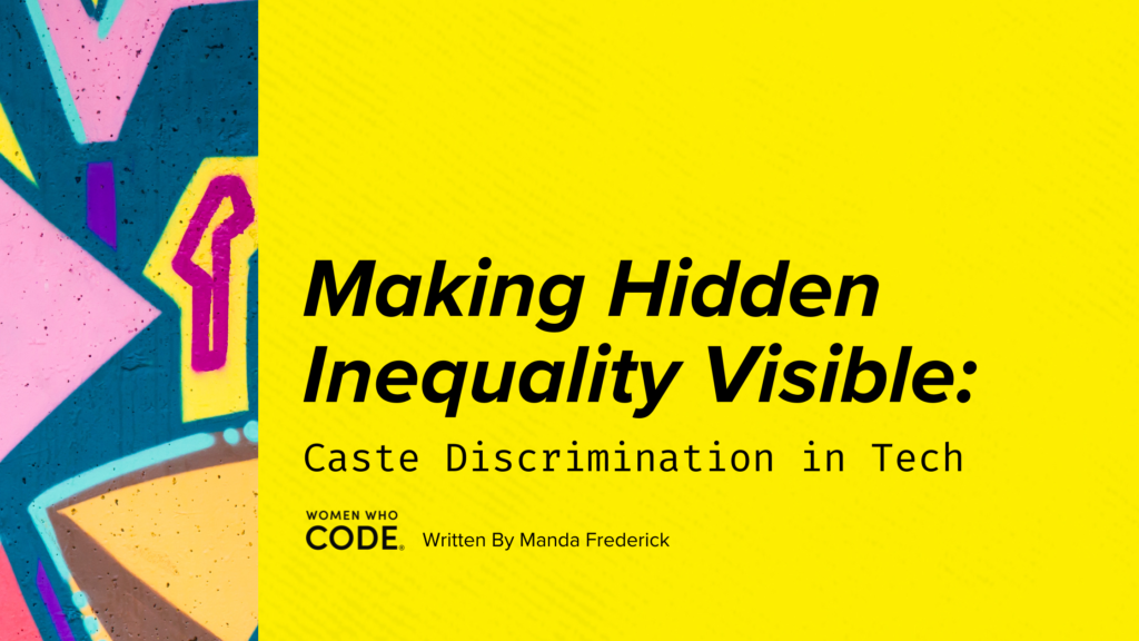 Yellow background with title, author name, and WWCode logo in black text. Far left has design with yellow, magenta, teal, light pink, brow, tan, and specks of black on it. 